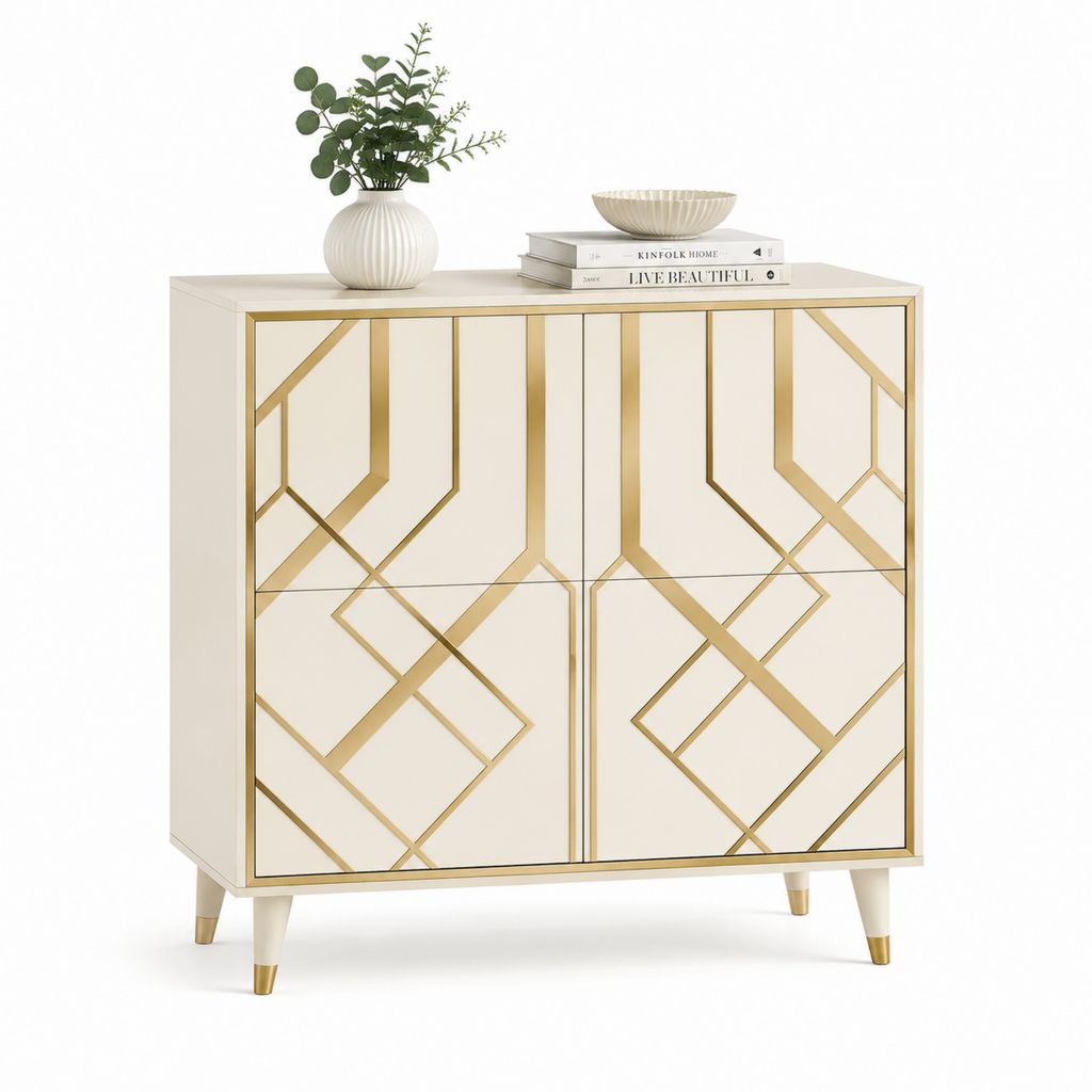 Credenza da sala da pranzo 4 ante avorio e oro in MDF 90 x 40 x 90 cm