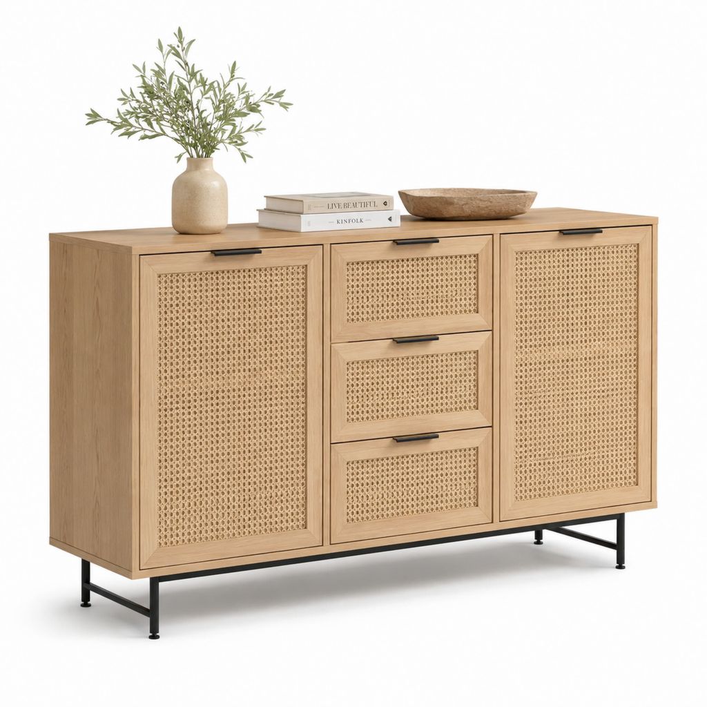 Credenza da sala da pranzo 160 x 40 x 85 cm rovere chiaro con ante in rattan e gambe in acciaio