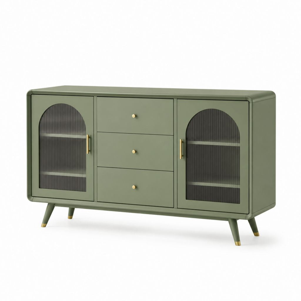 Credenza da sala da pranzo verde salvia in MDF e vetro temperato rettangolare con 2 ante e 3 cassetti 150 x 40 x 85 cm