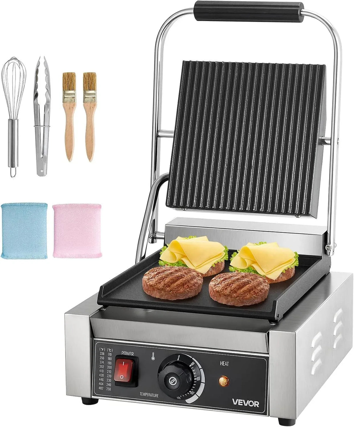 VEVOR piastra per panini e sandwich, Griglia, 22x23cm, 1800 W, 2 zone di temperatura, acciaio inox, per Panini 1800W