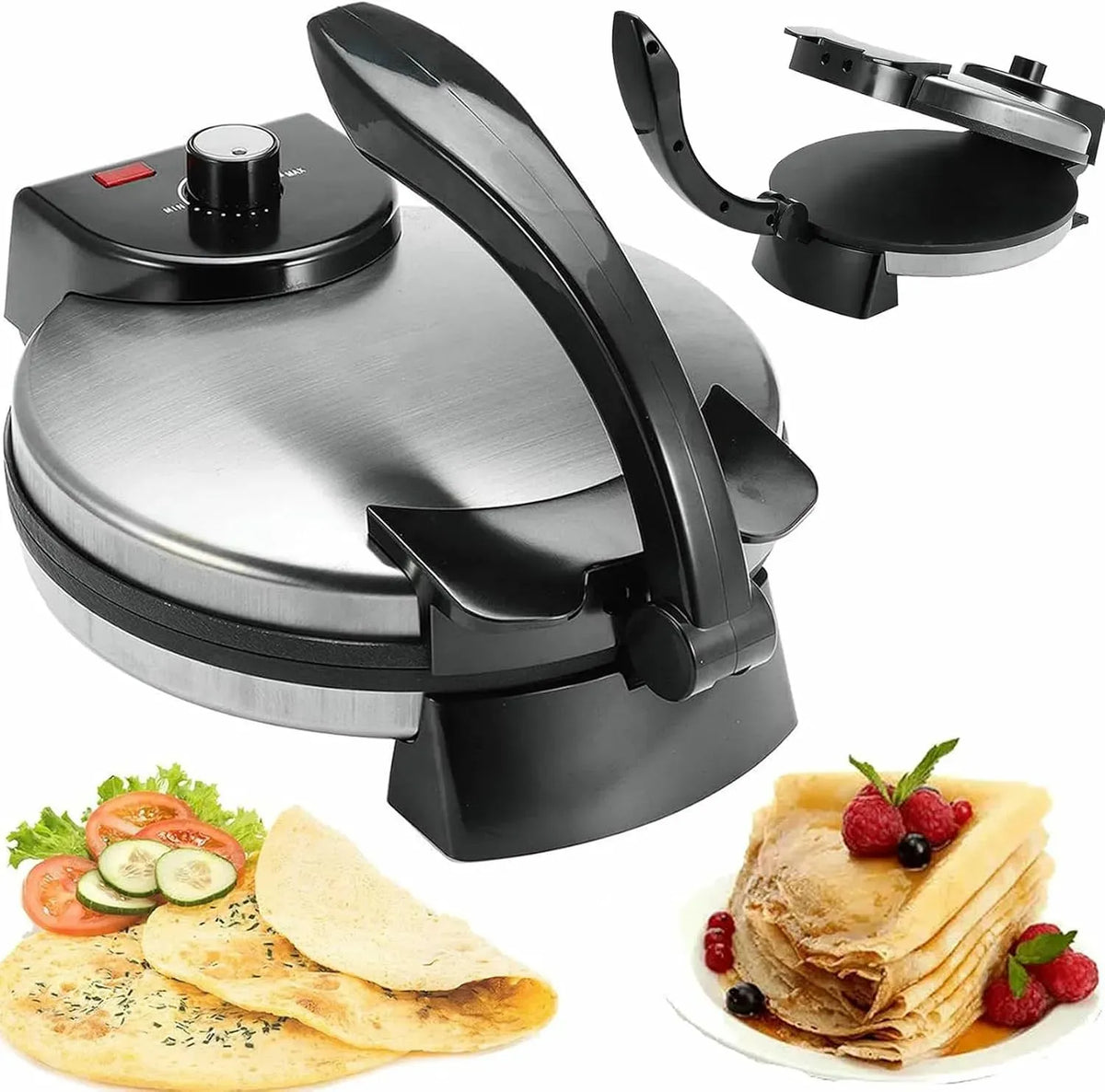 Macchina per Tortilla, Roti Maker, 10 pollici, 1800 W, pizza, rivestimento antiaderente, funzione riscaldante