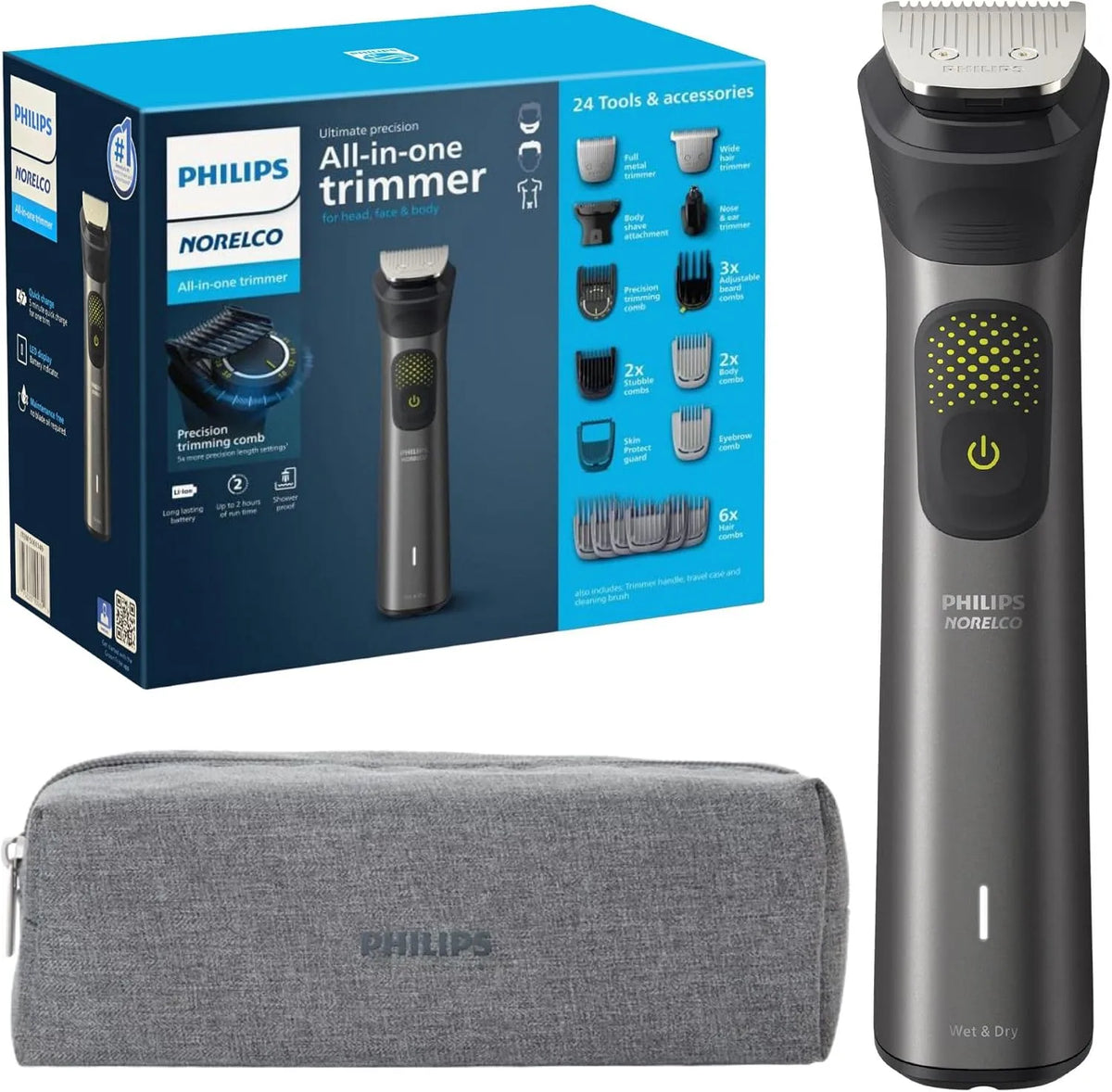 Philips Series 9000 impermeabile, dei capelli e del corpo, per Pettine di precisione con lame in acciaio autoaffilanti, Multigroom 24 in 1 Trimmer Kit