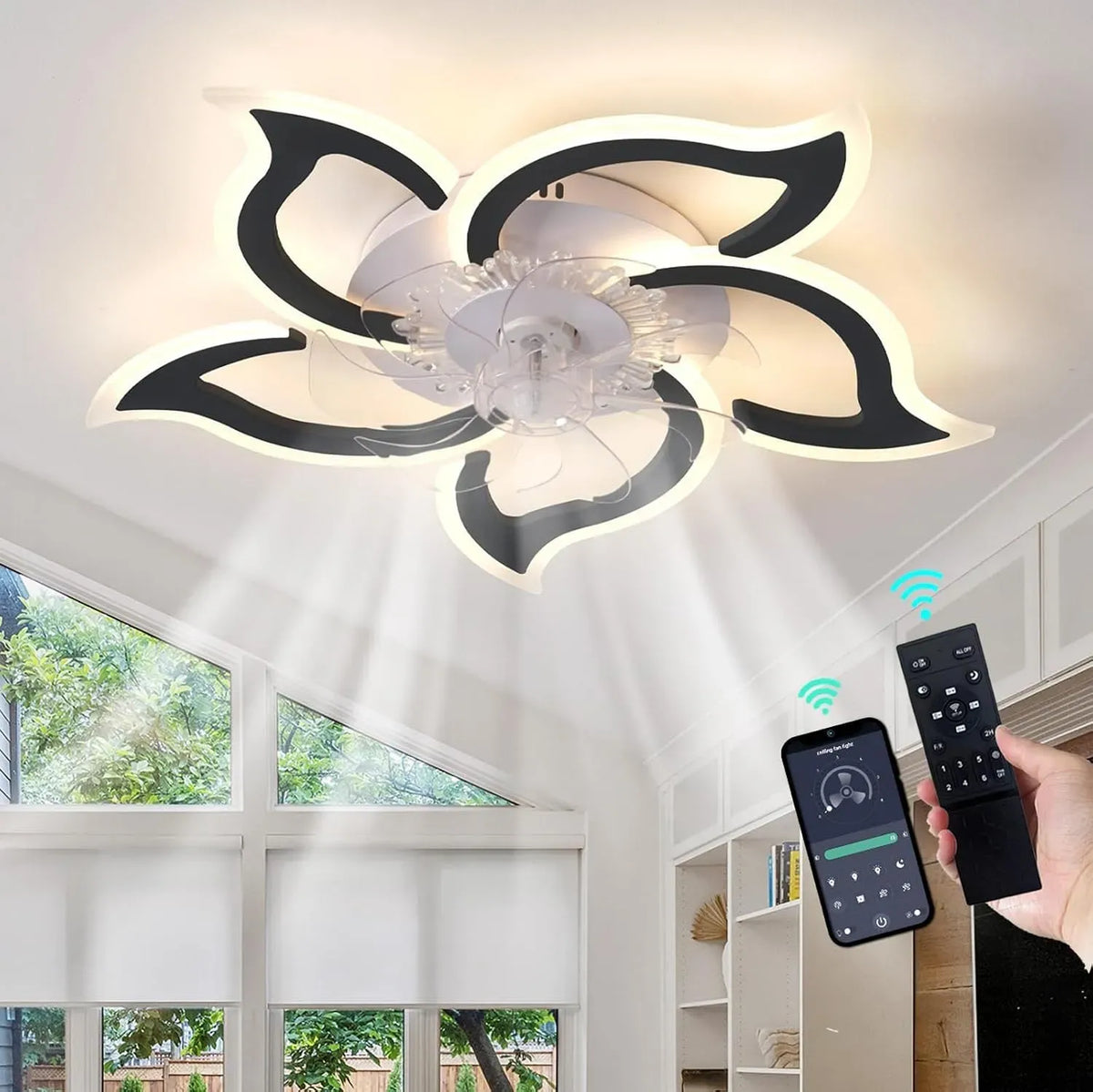 Ventilatore, decorazione del soggiorno, nero, ventola per circolazione dell'aria, Forma Di Fiore Lampadario Ventilatore Con Telecomando