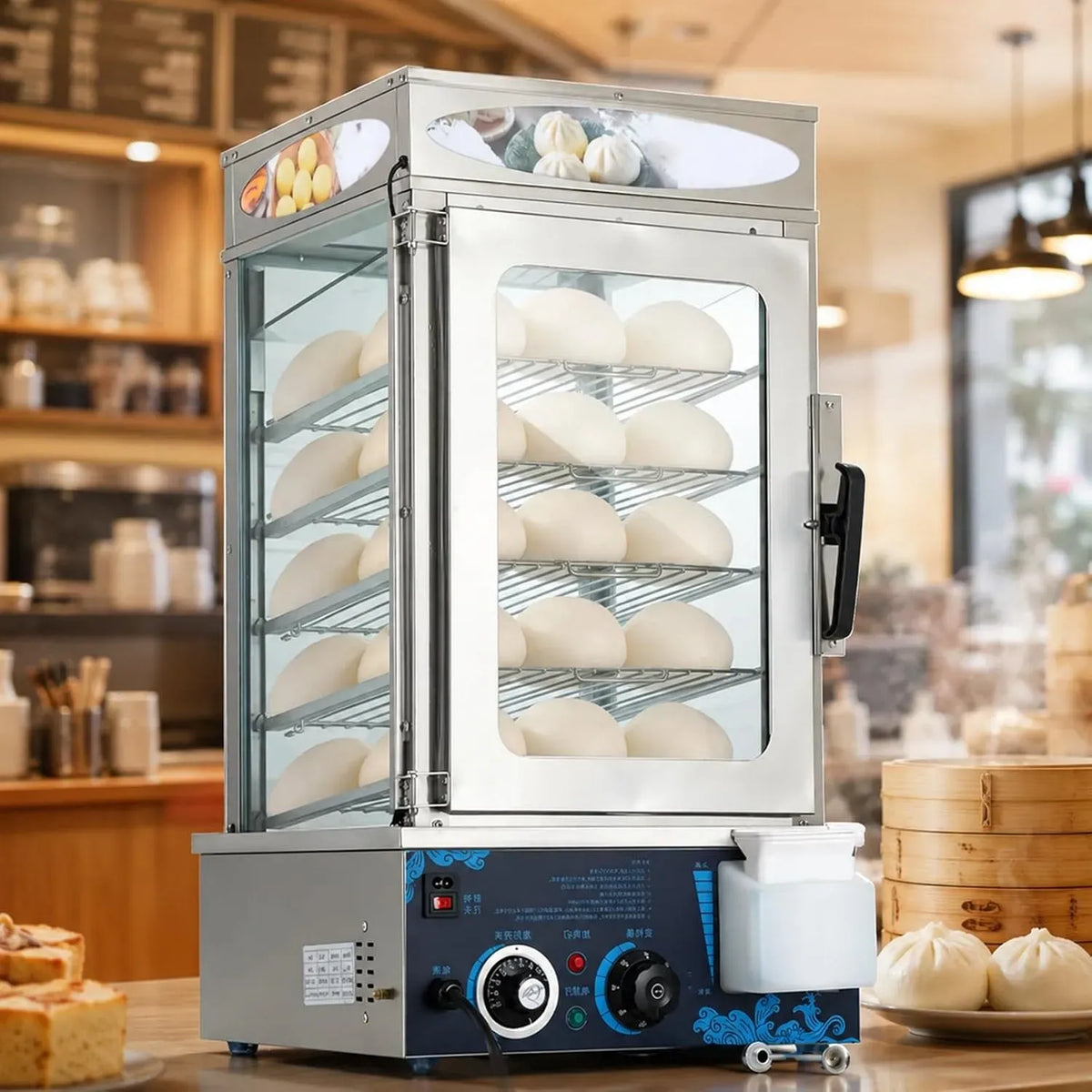 piastra per panini e sandwich, Macchina, vapore, funzione riscaldante, per Panini al Vapore 5 Piani Espositore Riscaldato