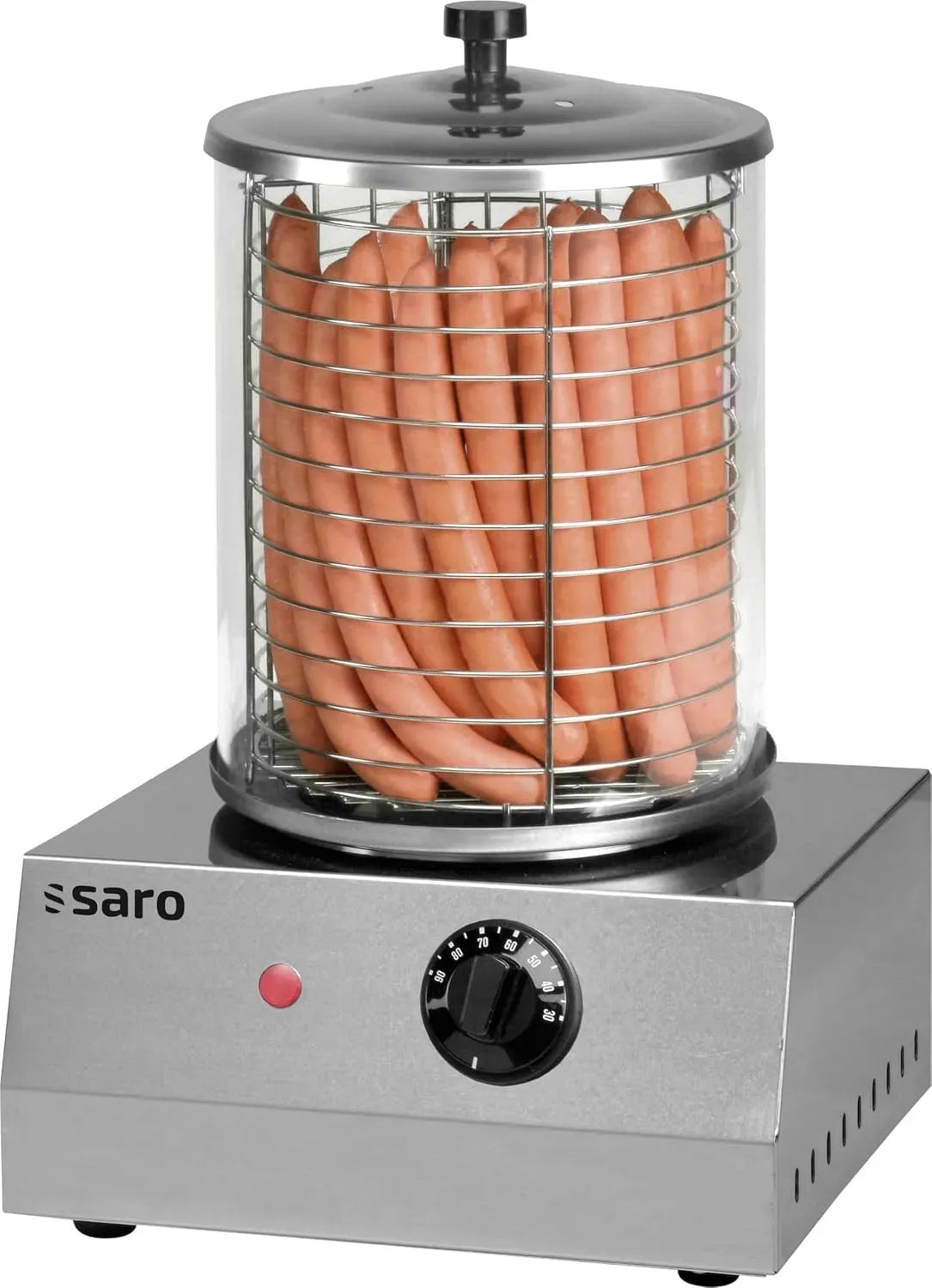 CS-100 Macchina per hot, 280 x 260 x 420 mm, 0 a 110 °C, 1 kW, acciaio inox, vetro, per hot dog con cilindro in vetro, SARO