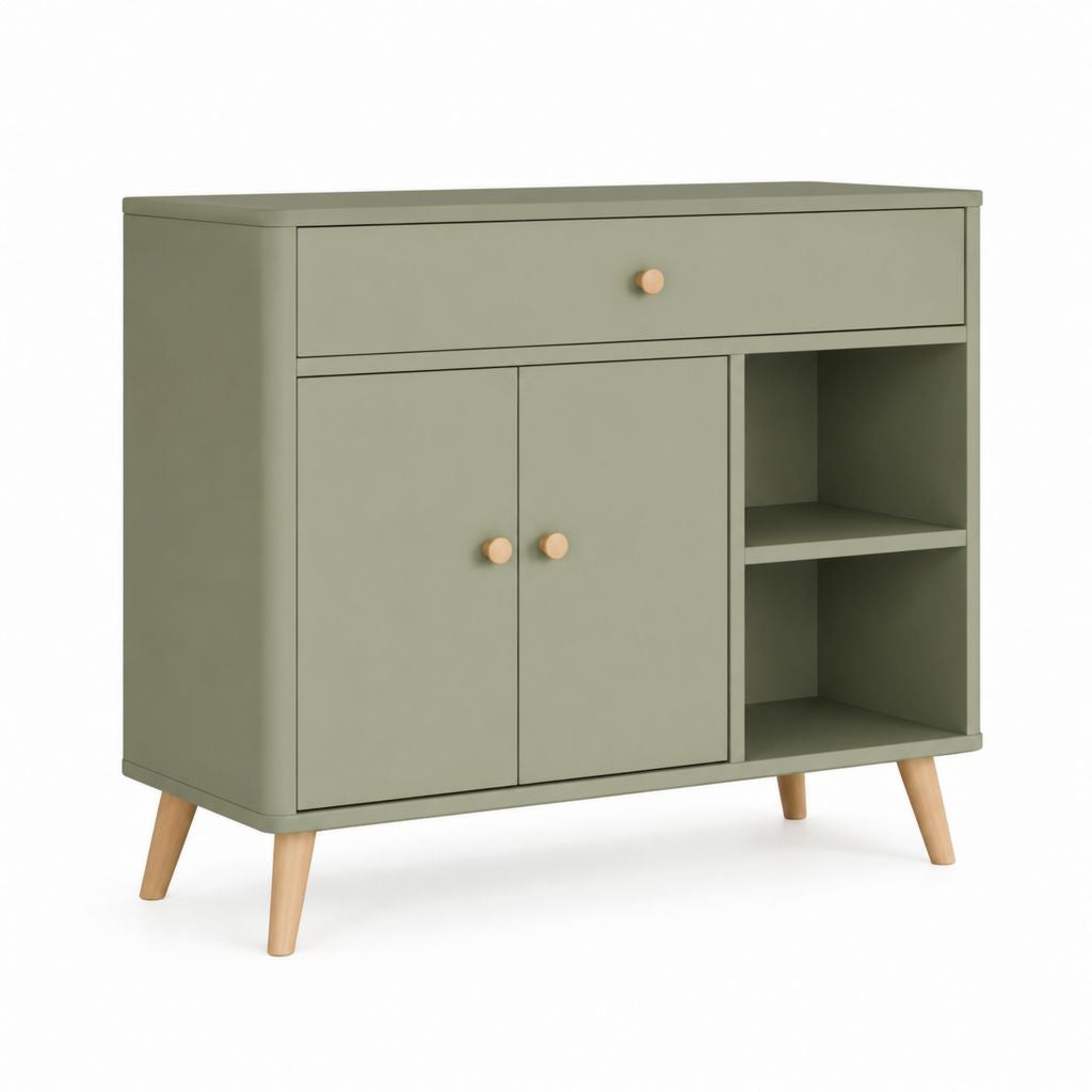 Credenza con ante e cassetto verde salvia in MDF e legno massello 100 x 40 x 100 cm