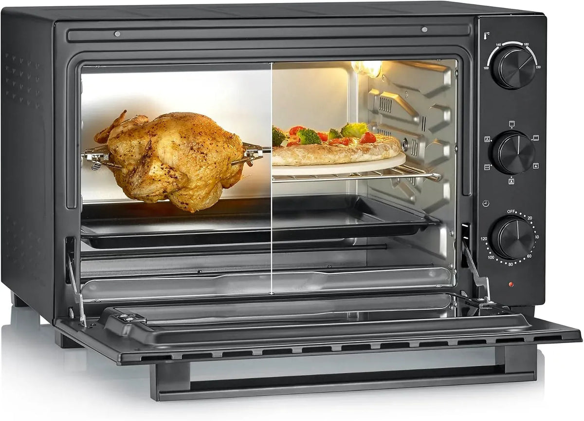 Severin TO 9025 Forno elettrico per pizza, 46 L, 1800 W, 100 a 230 °C, timer, compatto, pietra refrattaria, nero, Timer 120 Minuti