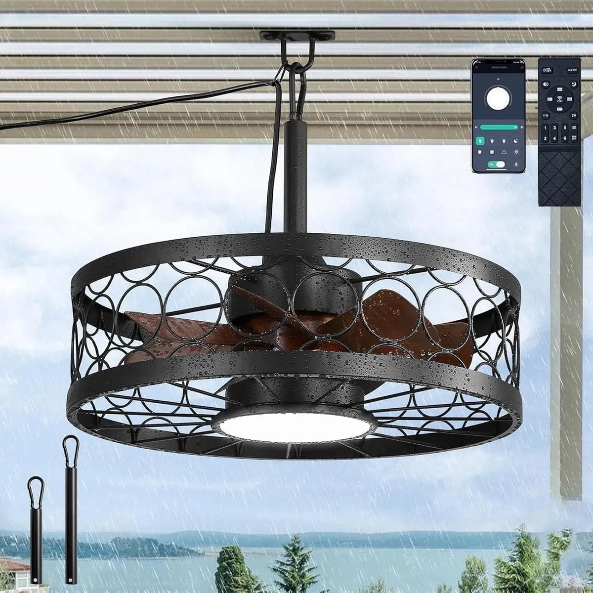 Ventilatore, 20 pollici, esterno, ventola per circolazione dell'aria, Ventilatore da soffitto for esterno presa a gabbia 20 pollici con luce