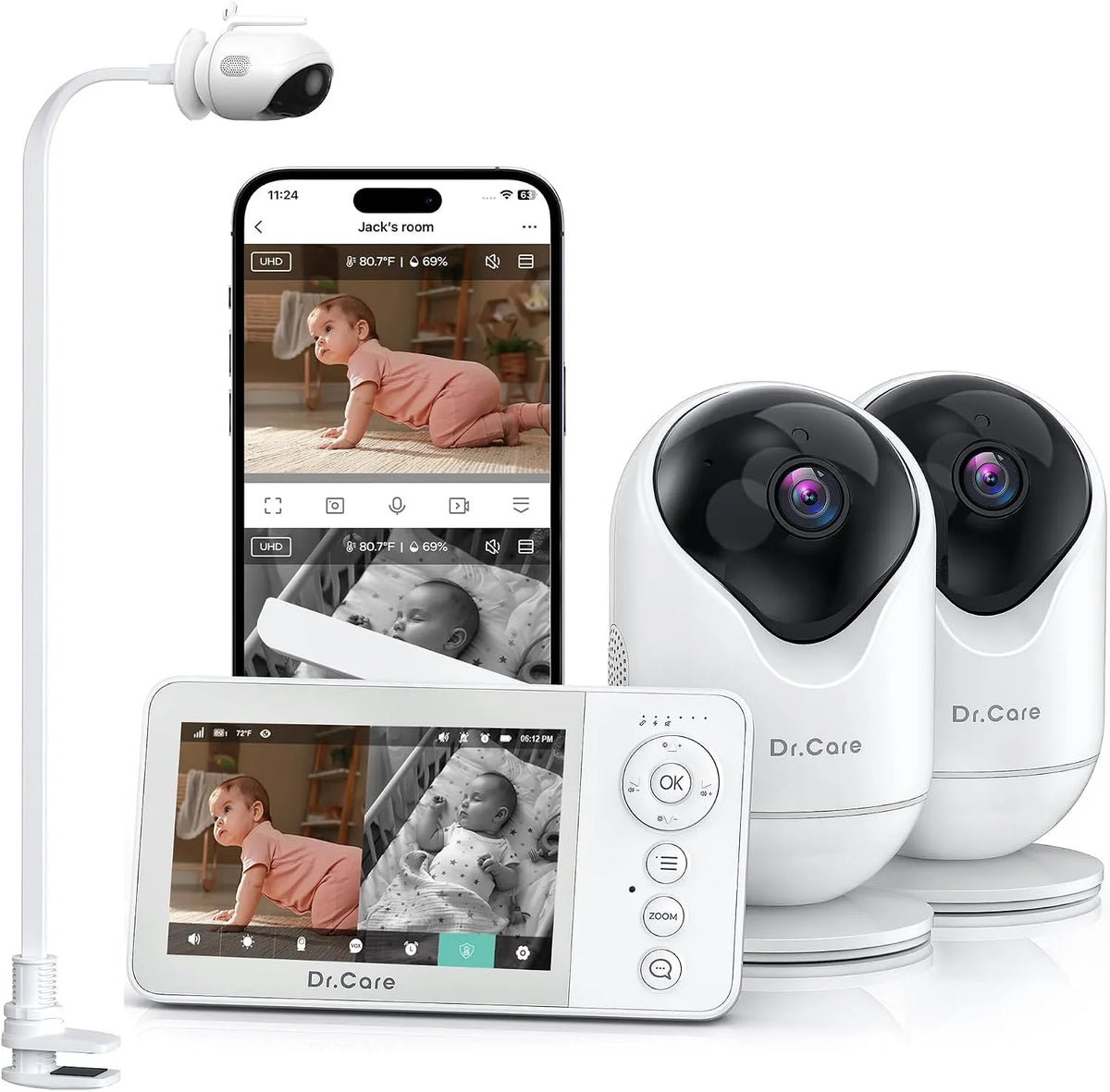 Monitor, Dr.Care 1080p 2500mAh, Wi-Fi, App & 1 supporto clip, portata 390m, VistaView Lite RB, visione notturna HD, 2 telecamere