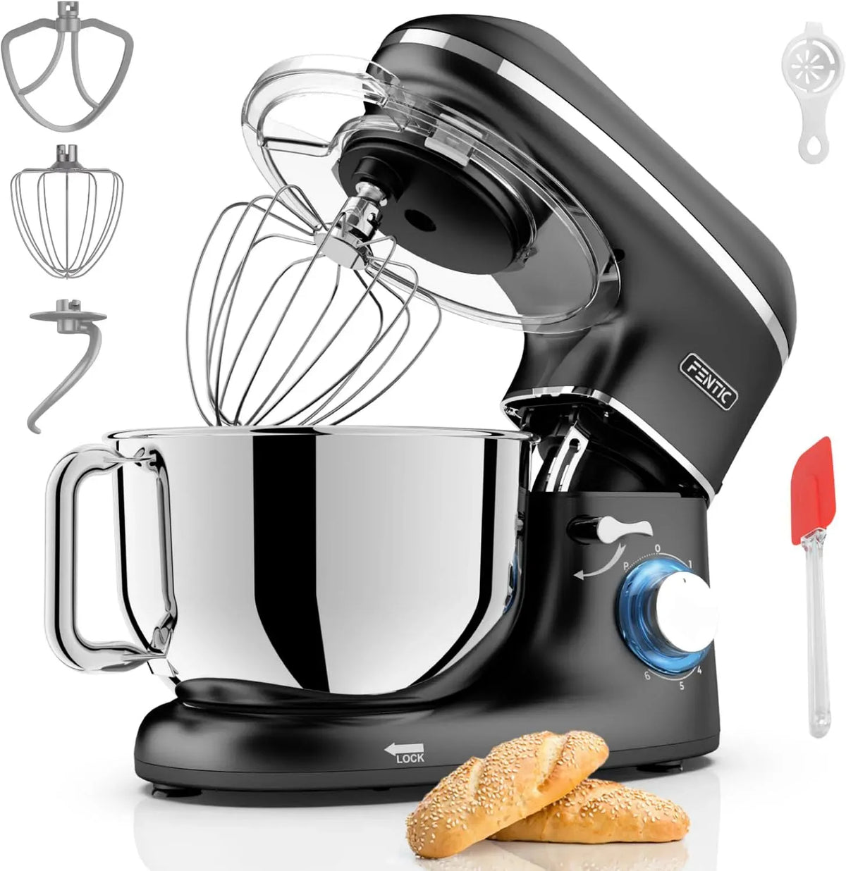 Accessorio per elettrodomestico, 6,2 L, 2000 W, Impastatrice, acciaio inox, nero, Ciotola in Acciaio Inossidabile