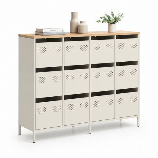 Credenza 12 ante in acciaio bianco con piano effetto rovere 120 x 40 x 100 cm