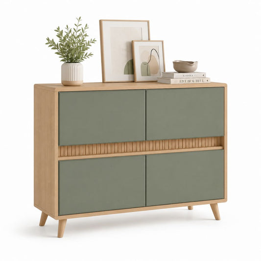 Credenza rettangolare 4 ante verde salvia e rovere in MDF 120 x 40 x 90 cm