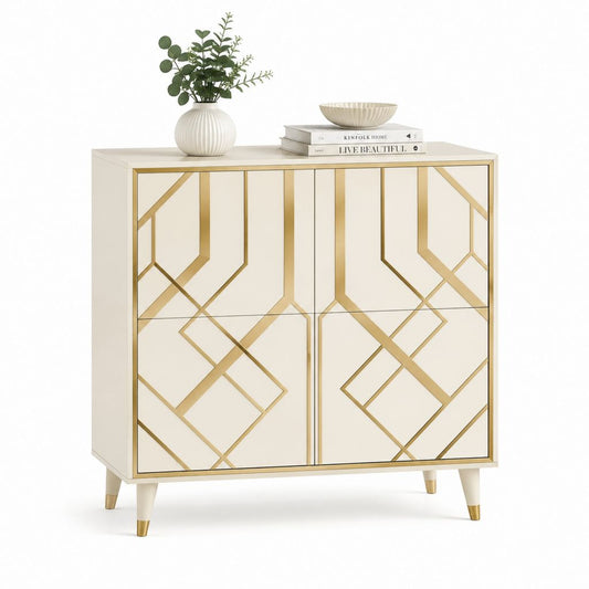 Credenza da sala da pranzo 4 ante avorio e oro in MDF 90 x 40 x 90 cm