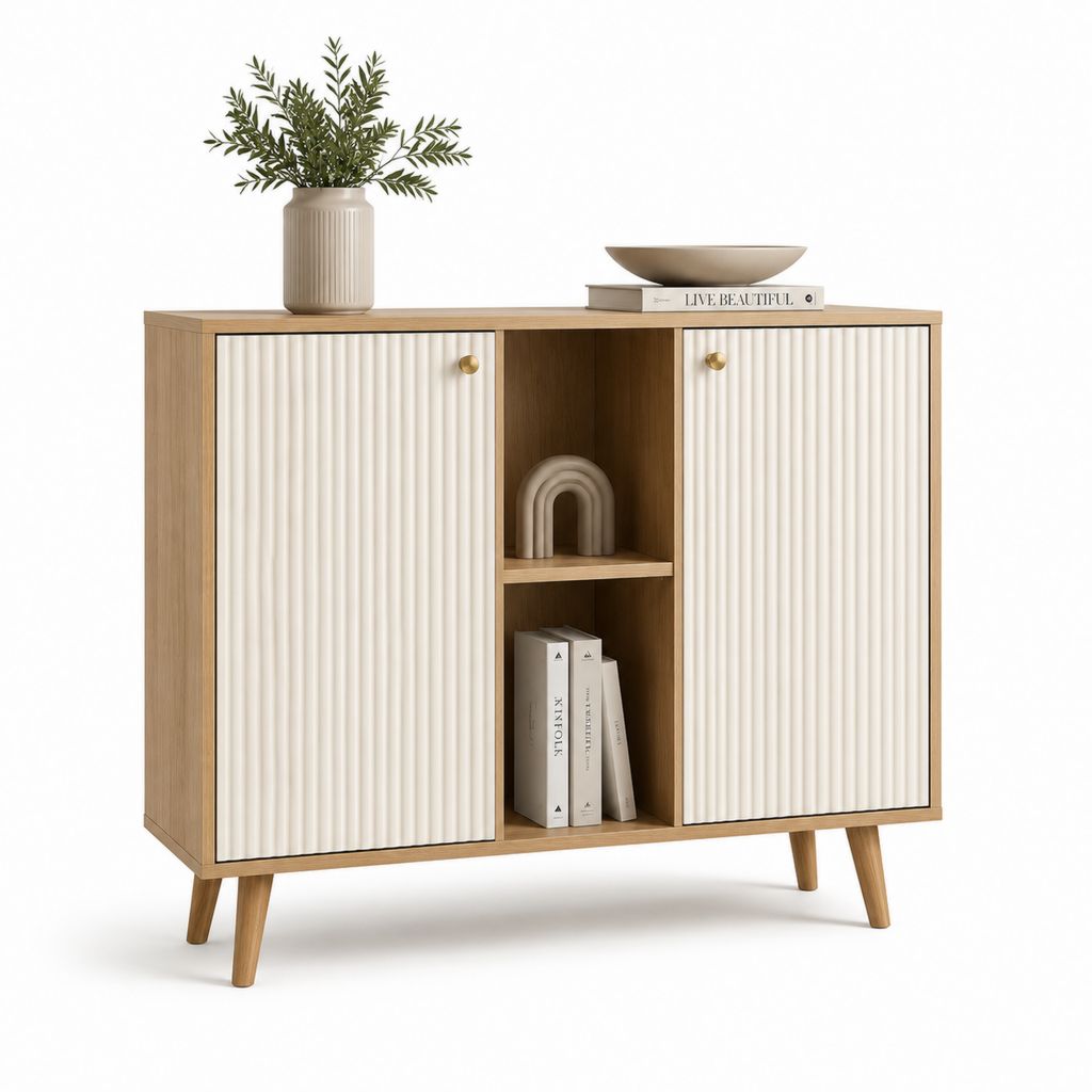 Credenza 2 ante con ripiani rovere chiaro e bianco in MDF 120 x 40 x 90 cm