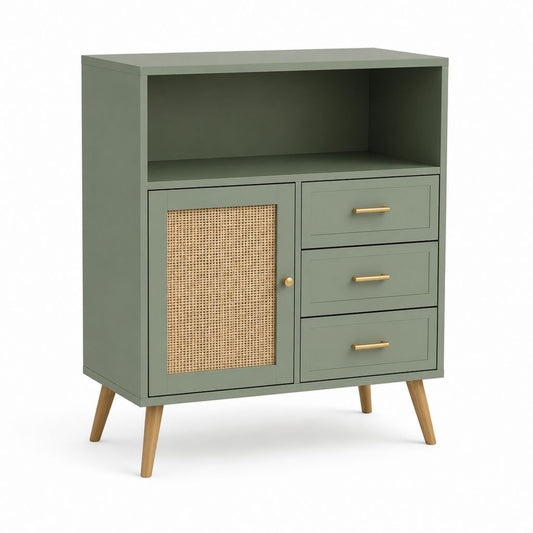 Credenza con cassetti verde salvia in MDF e rattan 80 x 40 x 110 cm