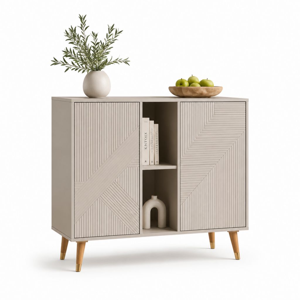 Credenza a 2 ante con vano a giorno tortora in MDF e legno massello 120 x 40 x 90 cm