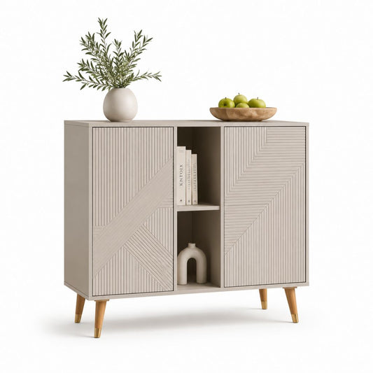 Credenza a 2 ante con vano a giorno tortora in MDF e legno massello 120 x 40 x 90 cm