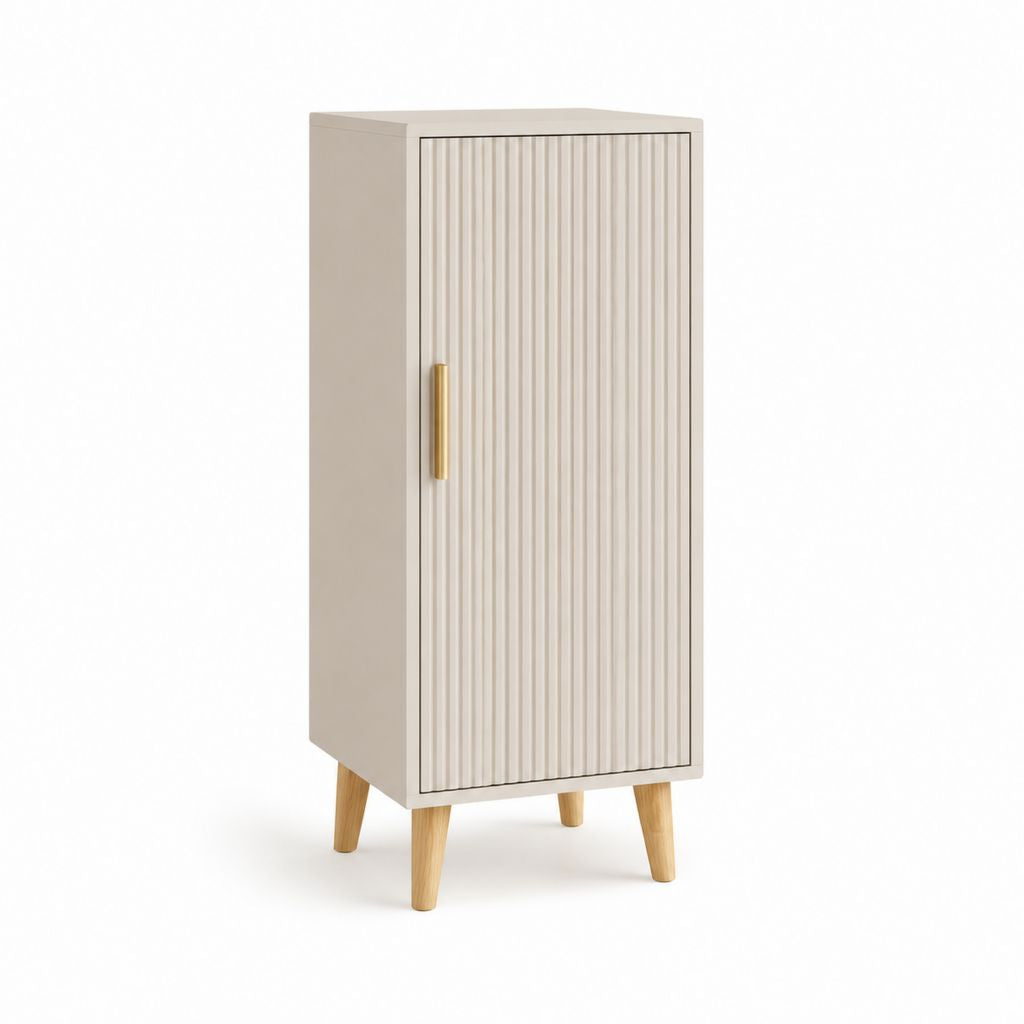 Credenza alta a 1 anta crema in MDF con gambe in legno massello 60 x 40 x 120 cm