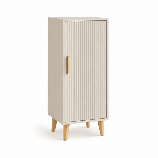 Credenza alta a 1 anta crema in MDF con gambe in legno massello 60 x 40 x 120 cm