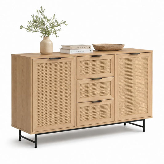Credenza da sala da pranzo 160 x 40 x 85 cm rovere chiaro con ante in rattan e gambe in acciaio