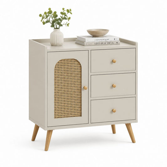 Credenza con 3 cassetti e anta in rattan beige 90 x 40 x 90 cm