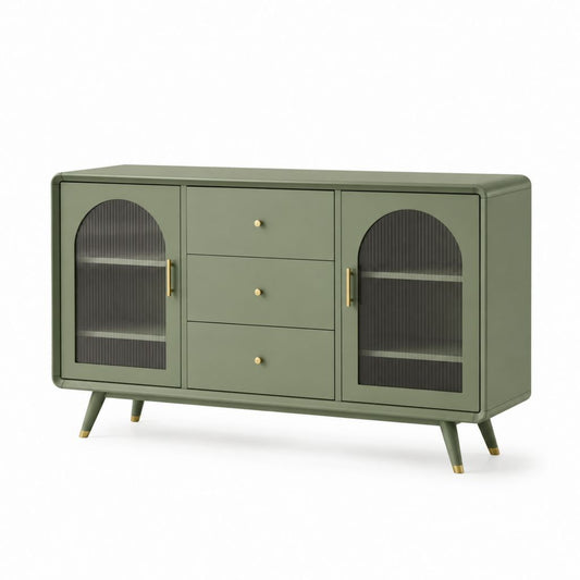 Credenza da sala da pranzo verde salvia in MDF e vetro temperato rettangolare con 2 ante e 3 cassetti 150 x 40 x 85 cm