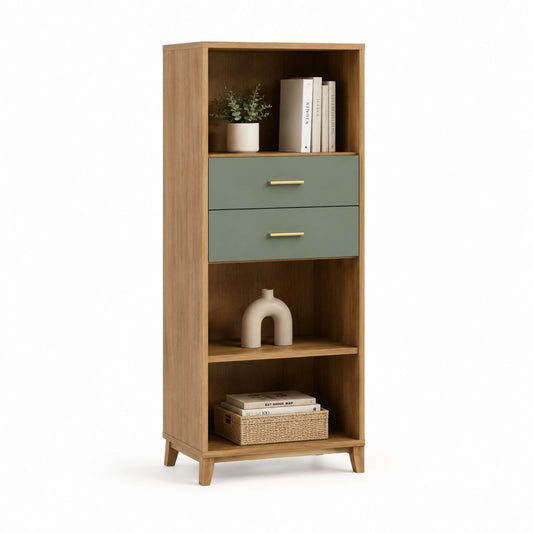 Mobile contenitore alto con 2 cassetti verde salvia e rovere 60 x 35 x 160 cm