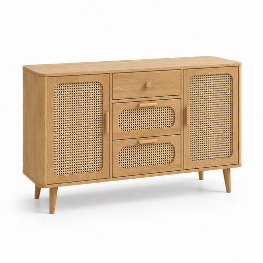 Credenza 3 ante 3 cassetti rovere chiaro MDF e rattan 120 x 40 x 80 cm