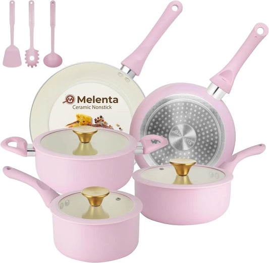 M MELENTA Set di pentole e padelle antiaderenti, 11 pezzi in ceramica rosa