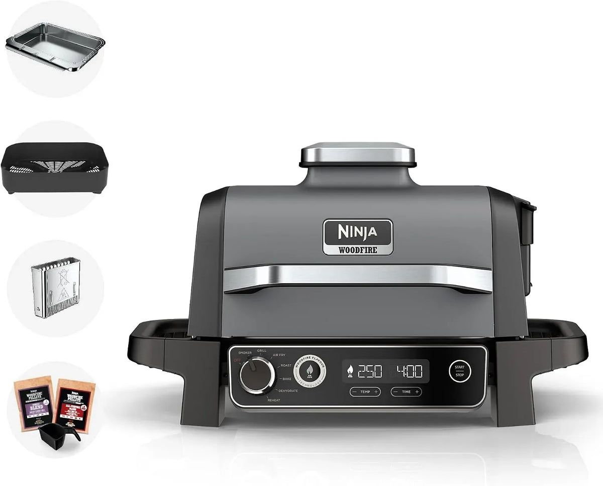 Ninja OG701UK Friggitrice ad aria, portatile, esterno, grill, nero, Woodfire Electric BBQ Grill & Smoker, Portable