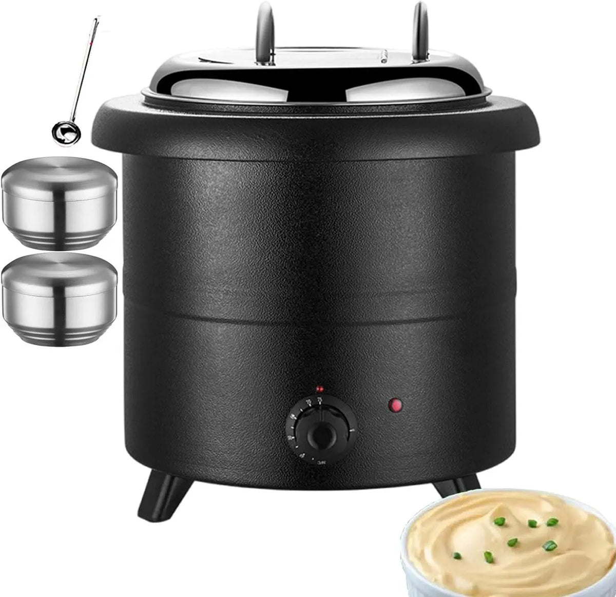 E 1 Conferenze, Scaldavivande da Buffet in Acciaio Inox, Scaldazuppa Elettrico da 13 Litri con 2 Mini Ciotole per Riso Cucchiaio per Zuppa