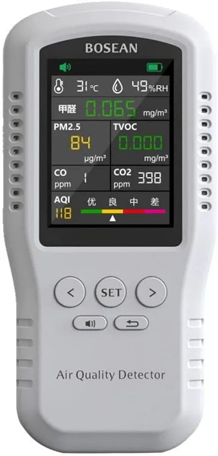 Misuratore di qualità dell'aria in formato mobile che prova PM2, 5 Formaldeide Umidità Temperatura AQI Indice per Camera Da Letto