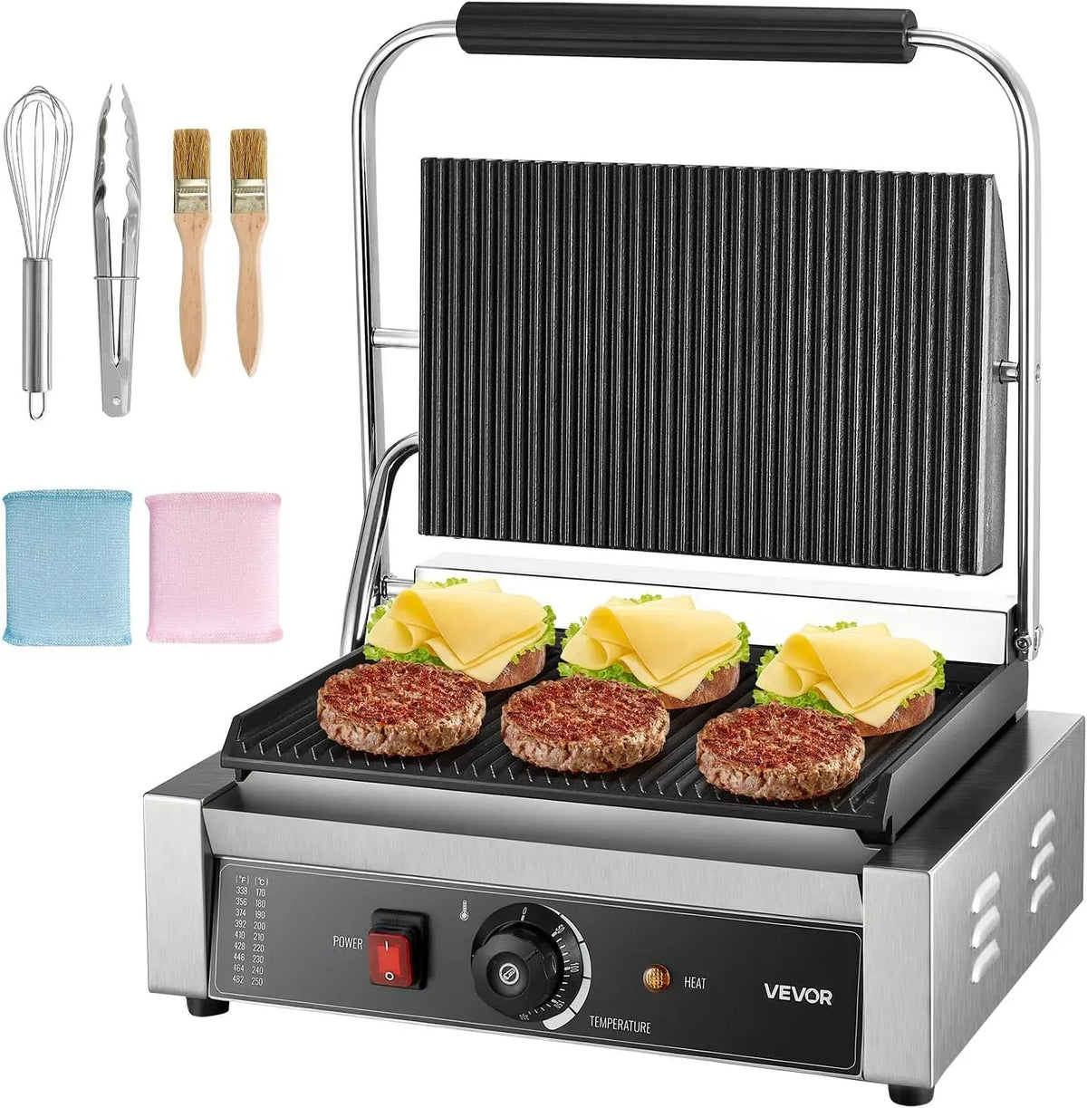 VEVOR Piastra, piastra per panini e sandwich, 34 x 23 cm, 2200 W, professionale, 2 zone di temperatura, acciaio inox, per Panini Professionale
