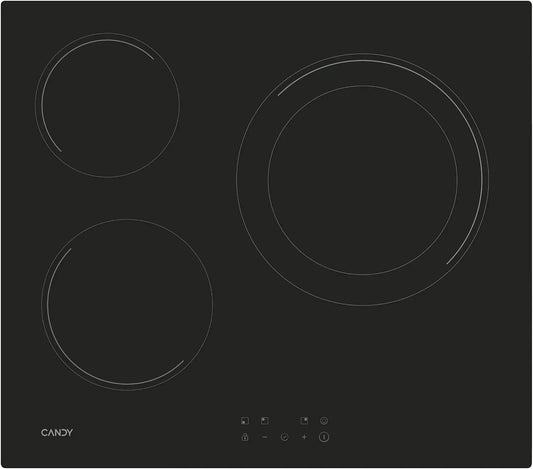 Candy CH63DCC Piano cottura elettrico, 60 cm, 3 fuochi, touch, piastra elettrica, nero, doppia zona paella 30 cm, 9 livelli di potenza