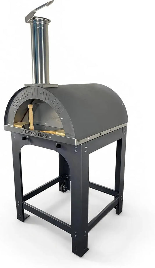Forno elettrico per pizza, esterno, acciaio inox, Alfonso 4 Pizze Full Optional Con Carrello, pirometro 500 gradi, mattoni refrattari 3 cm