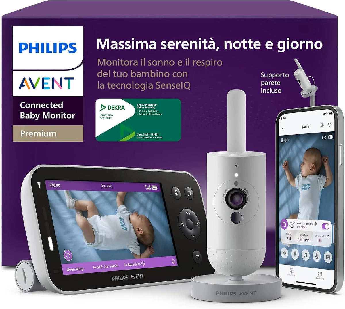 Philips 1080p SCD974/26 Monitor, montaggio a parete, pannello IPS, monitora sonno e respirazione con IA, certificato DEKRA per sicurezza