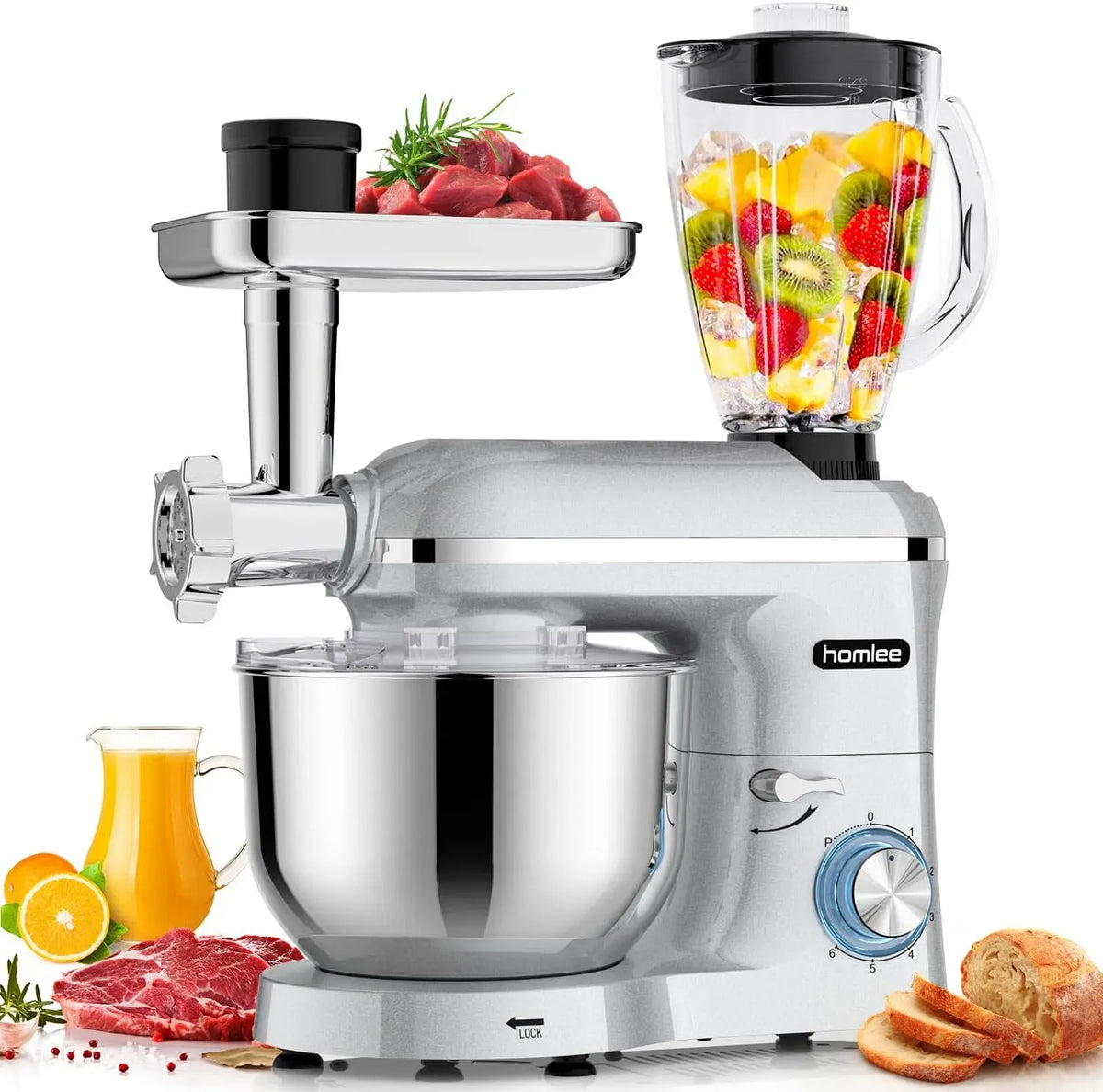 Robot da cucina, 1.5 L, 2000 W, Homlee 5 In 1 Impastatrice Planetaria, Ciotola 5, Per Succhi, 5.5 L