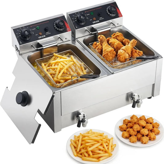 VEVOR Friggitrice Elettrica Doppio Vassoio, per Ristorante Cucina, Friggitrice 5000 W Totale Acciaio Inox con Cestelli Coperchi 60-200 °C Temperatura