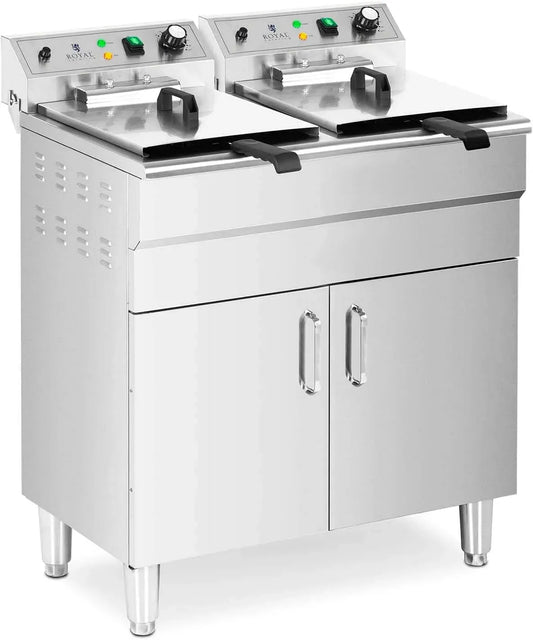 2 x 16 l, 60-200 °C, Royal Catering Friggitrice Elettrica Doppia dotato di Mobiletto Friggitrice 400 V, 10.000 W