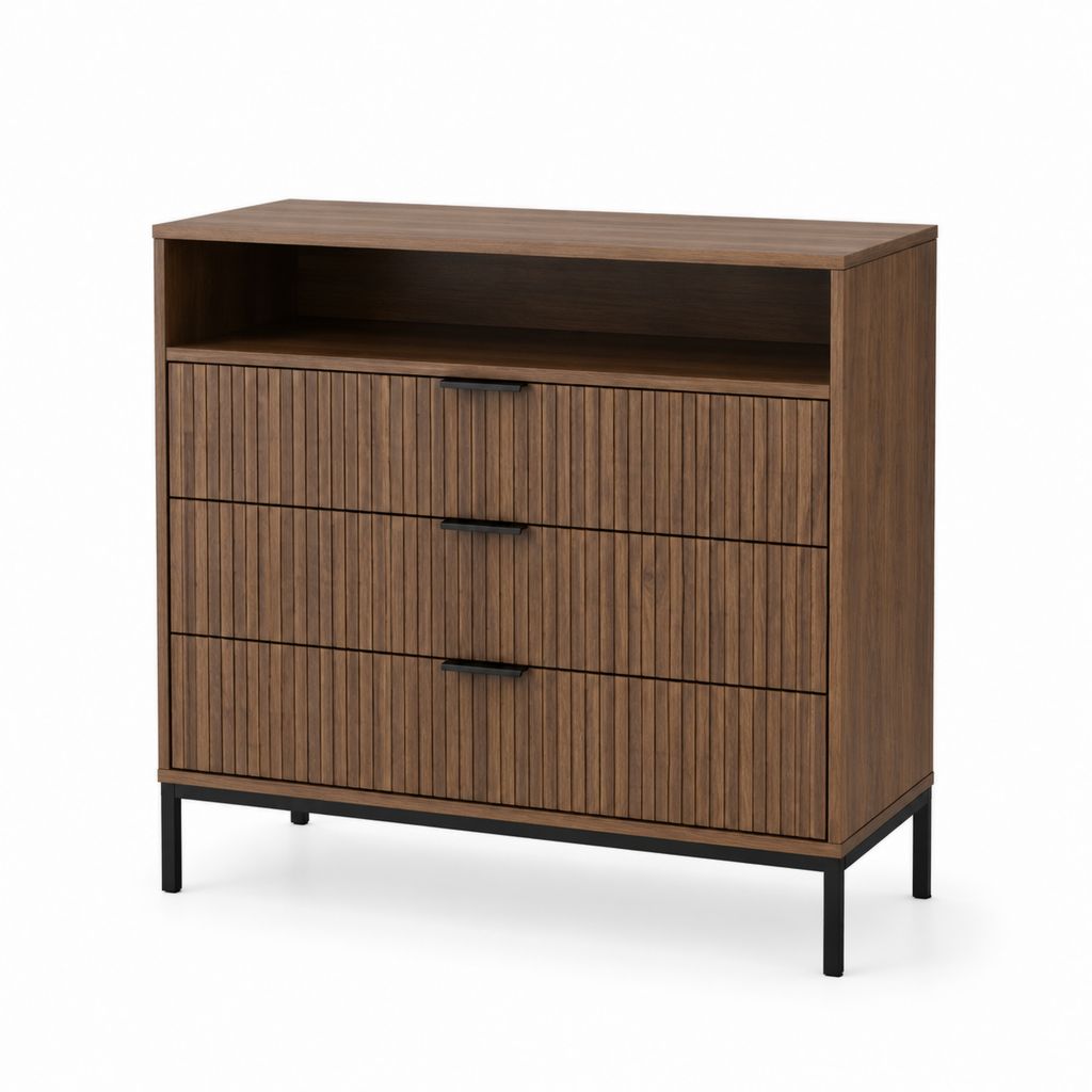 Credenza con 3 cassetti e vano a giorno noce in MDF impiallacciato 80 x 40 x 100 cm