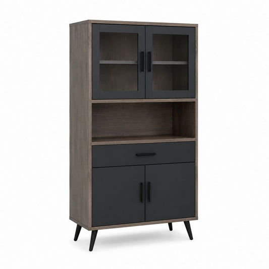 Credenza alta con vetrina marrone e nero in pannello truciolare 80 x 40 x 180 cm
