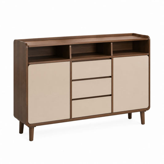 Credenza da pranzo noce e beige in MDF impiallacciato con 2 ante 3 cassetti e vani aperti 160 x 40 x 95 cm