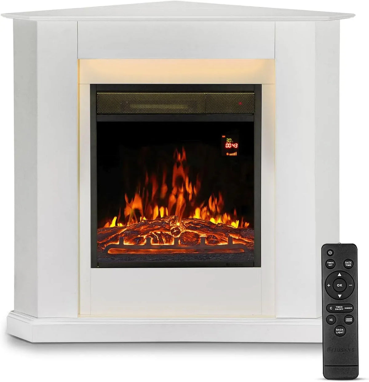 Camino elettrico angolare bianco, fuoco di camino, Juskys camino elettrico 1000/2000 W con riscaldamento, effetto fiamma, telecomando