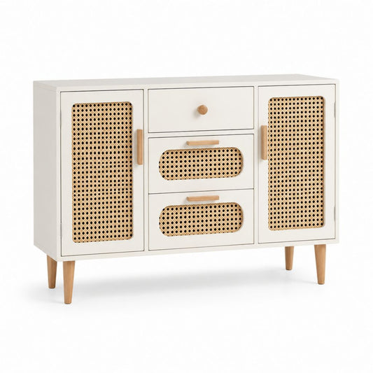 Credenza da pranzo bianca in MDF e rattan sintetico 120 x 40 x 80 cm con 2 ante e 3 cassetti