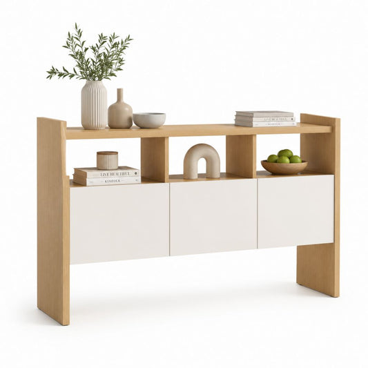 Credenza alta da sala da pranzo rovere e bianco in pannelli truciolari 140 x 40 x 110 cm