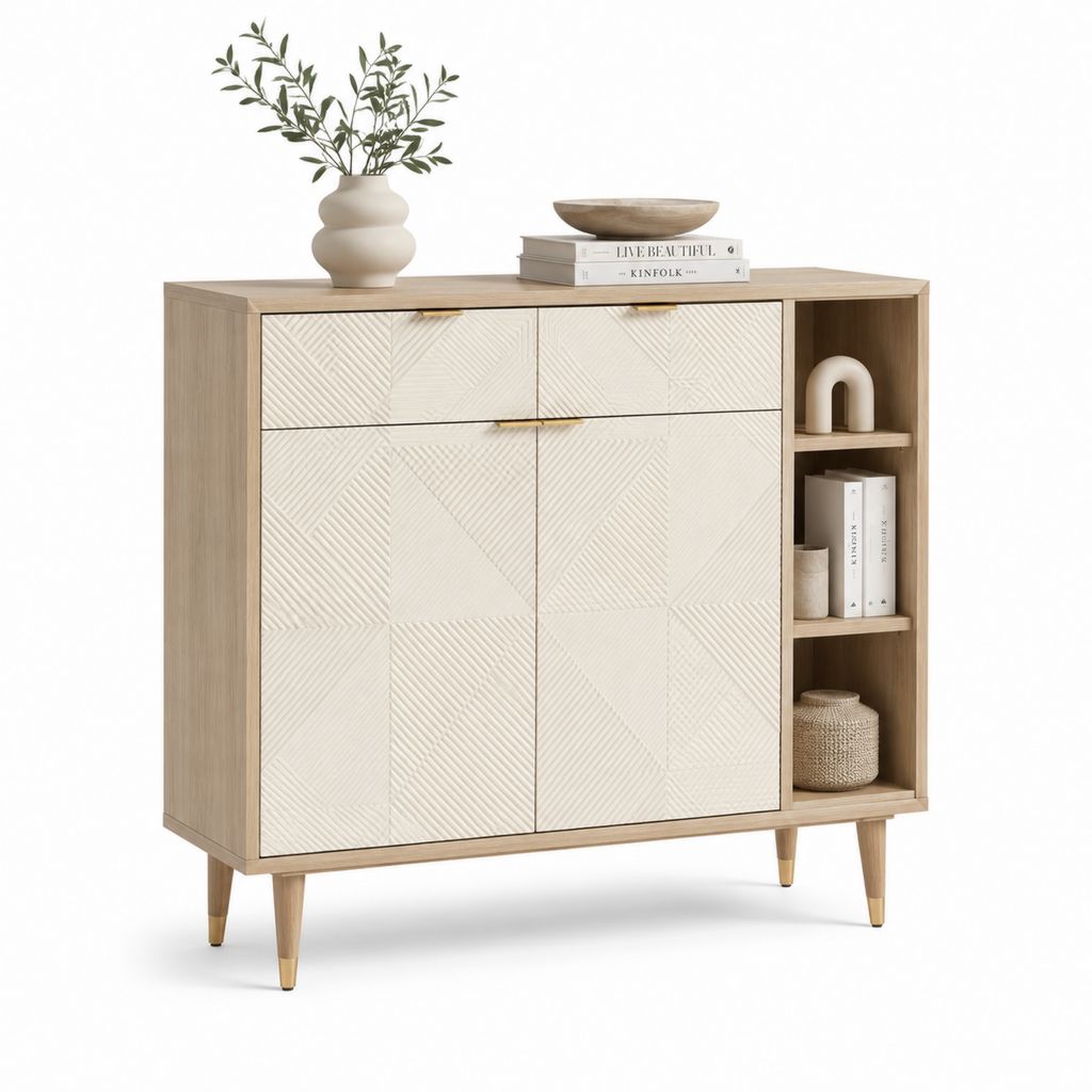 Credenza da sala da pranzo rettangolare beige e rovere in MDF e truciolare 120 x 40 x 90 cm con 2 ante 2 cassetti e 3 ripiani