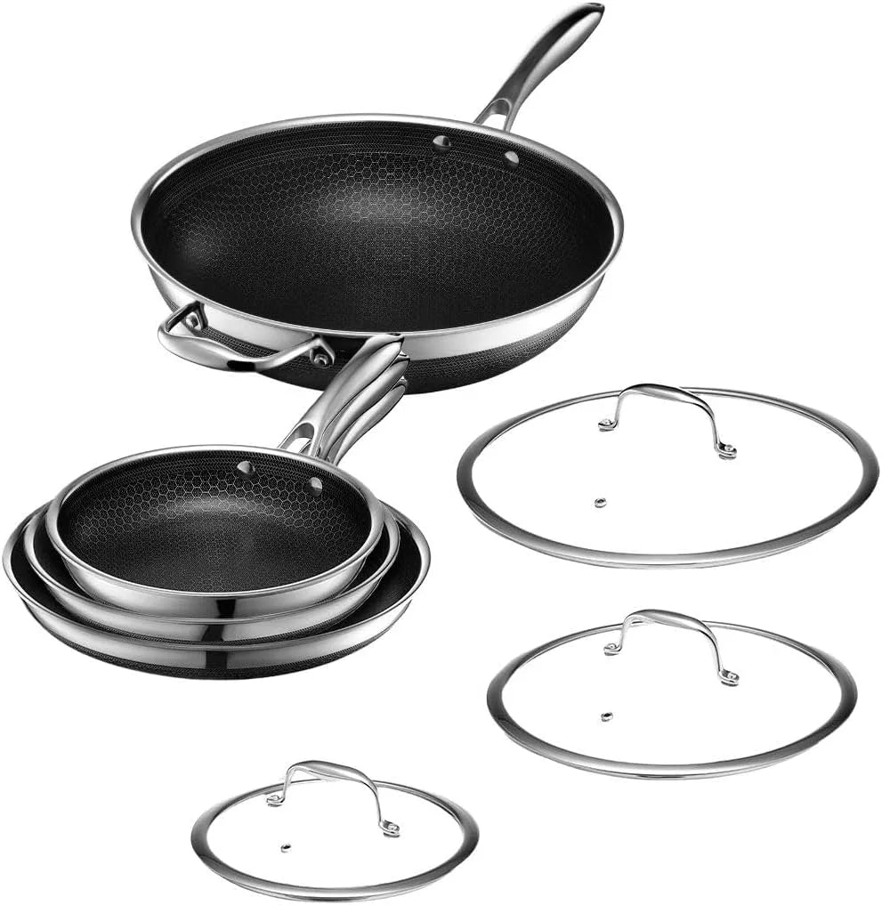 Set da 7 pentole antiaderenti dotato di coperchi e wok in metallo, cassaforte, Hexclad Hybrid, pronto a induzione