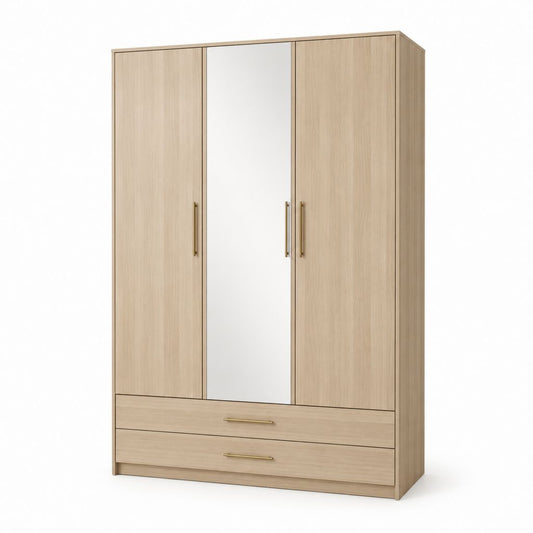Armadio guardaroba 3 ante con specchio e 2 cassetti rovere chiaro in pannello truciolare 120 x 52 x 200 cm