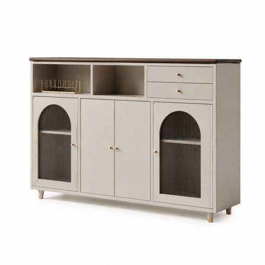 Credenza da sala da pranzo rettangolare beige in MDF e vetro scanalato 160 x 40 x 100 cm
