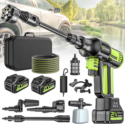 Idropulitrice, portatile, 120 bar, ugello girevole 6 in 1 e 180°, portatile 2 x 4,0 Ah, 4 marce, tubo 5 m